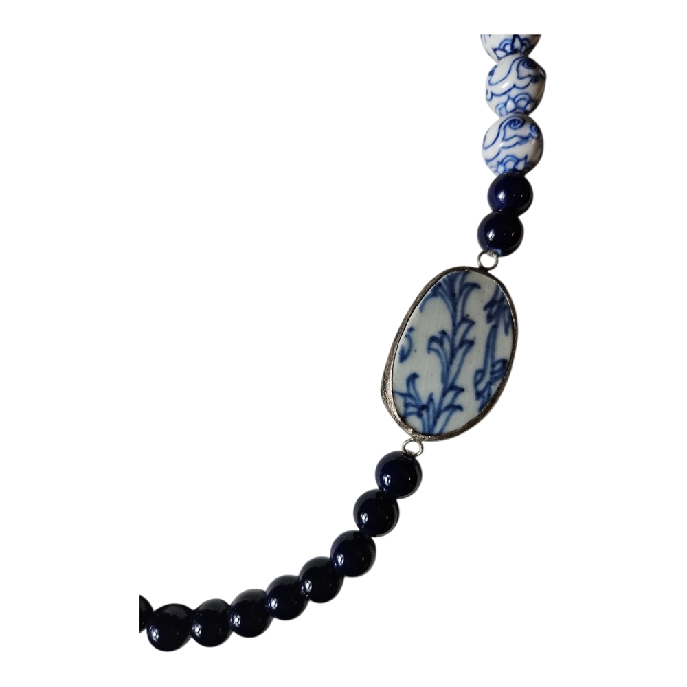 Artisan Blue and White Porcelain Beaded Necklace 28 Inches Long